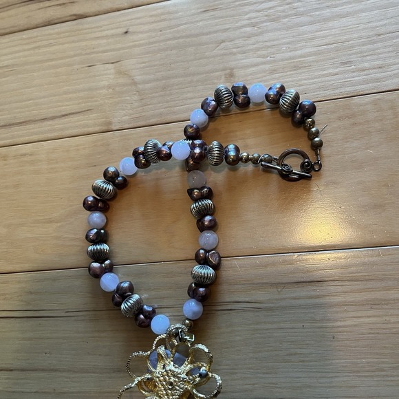 Raw Rose Quartz Necklace‎ Pendant Pink Chunky Pearl Stones Gems Deco Vintage - Picture 5 of 5